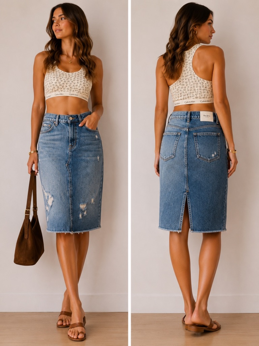 Pepe Jeans Knee Length Distressed Denim Skirt, Size XS